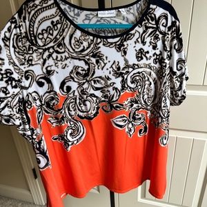 Susan Graver Plus Size Orange/Cream/Navy Shortsleeve Paisley Tunic 3X